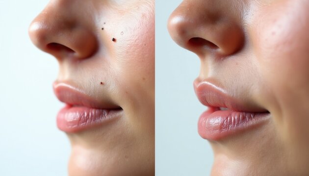Split image shows woman nose before and after blackhead removal. Left side reveals dark comedones and pores. Right side displays smooth clear skin after facial treatment and cleansing.
