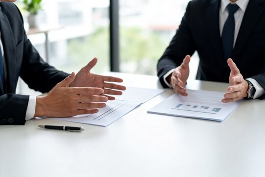 Two businessmen discussing documents at table