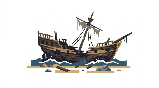 Old wooden shipwreck stranded on a sandy beach with waves crashing.