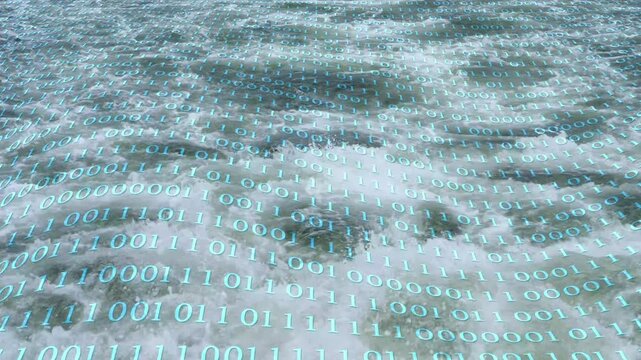 wavy binary code animation over real slow motion flowing wild water, motion graphics overlay concept for digitization and tokenization of water resource