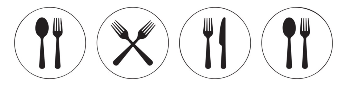 Restaurant icons set with spoon fork and knife inside circle symbols on transparent background flat.
