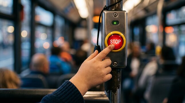 Passenger pressing the stop button on a city bus.