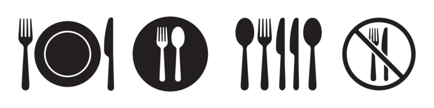 Culinary symbols set with plate cutlery and prohibited eating sign icons for restaurant information.
