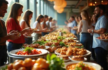 Naklejka premium People gather at a long table filled with food. Guests select dishes from a vibrant buffet during a social event or party. Diverse group enjoys meal together.