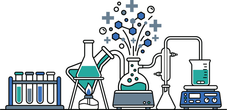 3D isometric biochemistry research laboratory illustration with automated distillation equipment and medical data graphics