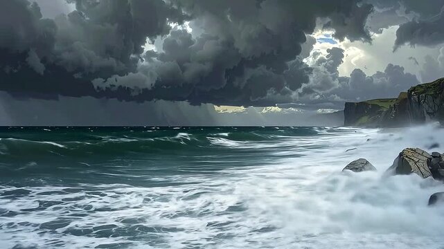Dramatic storm clouds looming over a rocky coastline with crashing ocean waves