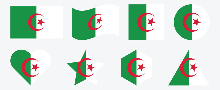 Algeria flag. Creative artistic representation. country and independence. Various Waving Algeria flag. red star and crescent