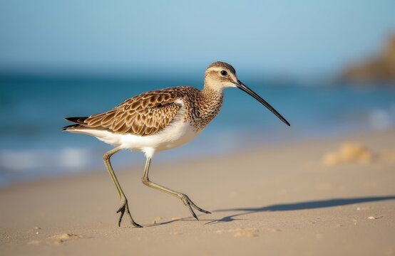 Long-billed bird walks on sandy beach near blue ocean water. Small wader with speckled brown and white plumage probes sand with curved beak. Scenic coastline migration stopover.
