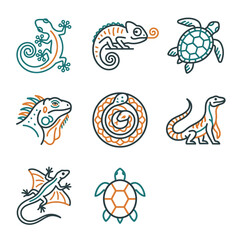 Set of stylized reptile icons: lizards, chameleon, turtle, iguana, snake © miftah