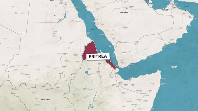 Borders of the state of Eritrea on the map. Country Eritrea on the map is highlighted by a polygonal border. Map animation. From above zooming in with panoramic view