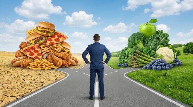 Choosing between unhealthy junk food and nutritious organic vegetables on a split path.