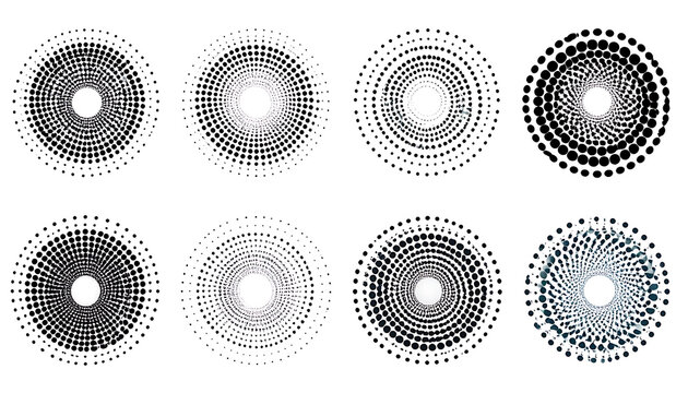 Eight abstract circular dot patterns, radial design elements, pixelated textures, geometric mosaic shapes, digital art