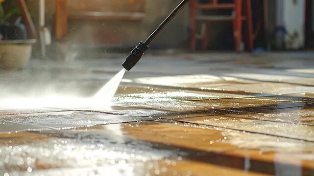High pressure water jet cleaning stone patio tiles outdoors