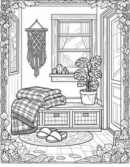 Fototapeta premium Cozy Windowsill Reading Corner with Plants and Blankets in Rustic Room