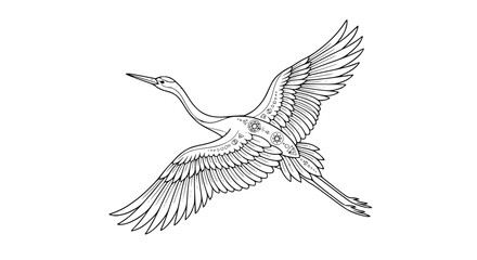 Obraz premium crane illustration, flying crane, black and white bird, majestic crane, sacred geometry bird, detailed feather art, mythical bird, elegant line drawing, hand drawn outline engraving vector illustratio