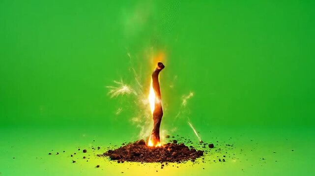 A single burnt matchstick glowing with fire on a green screen background