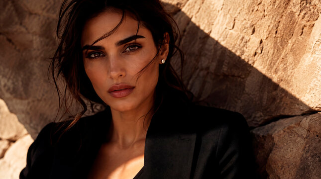 AI-generated portrait of an elegant brunette woman with striking features, natural makeup, and expressive eyes. Captured in warm sunlight against a textured stone wall, creating a sophisticated fashio