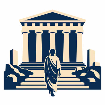 Ancient Greek Philosopher Walking Towards a Classic Temple with Columns and Steps Illustration.