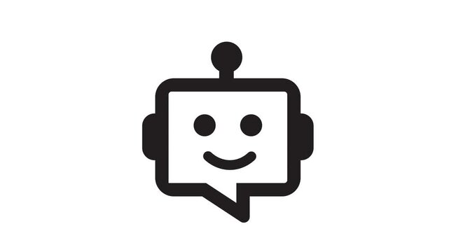 A black and white illustration of a smiling robot head with a speech bubble isolated on white background animation 4k stock video