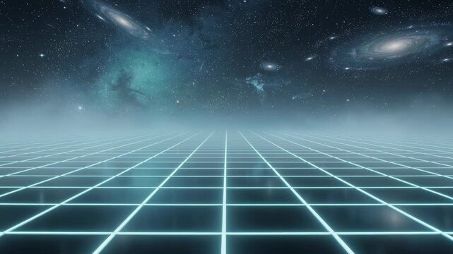 Futuristic digital grid with glowing lines and starry galaxy background for technology and space concept