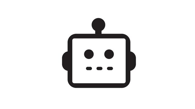 A black and white illustration of a robot face with a square head and circular eyes on a white background animation 4k stock video