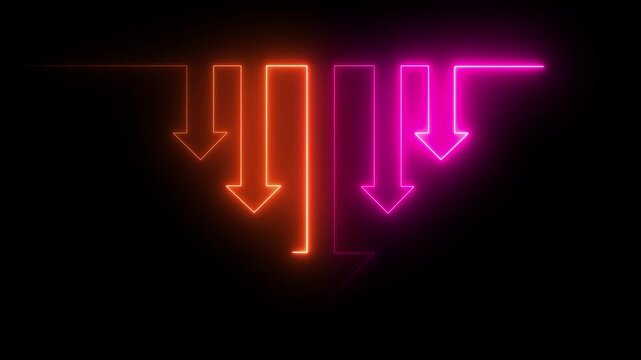 Neon glowing arrows moving forward on dark background loop.