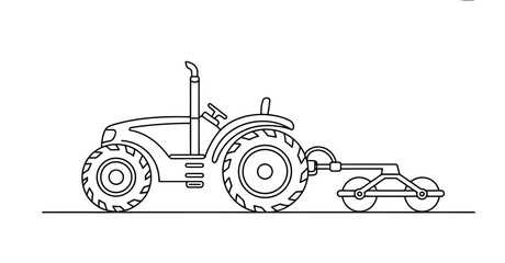 Black and white line art illustration of a farm tractor pulling a heavy agricultural field roller for soil preparation on a flat rural ground surface © Kanu Art_Gallery
