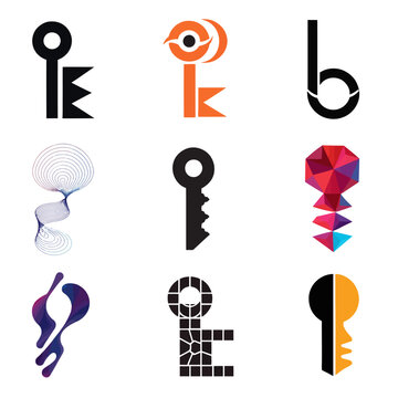 Collection of creative abstract key logo designs and modern security icons.