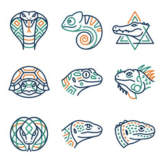 Geometric Reptile Icons: Snake, Chameleon, Crocodile, Turtle, Lizard, Iguana © miftah