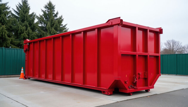 Large red dumpster container sits on concrete outdoor area. Industrial waste bin for construction debris. Ready for rental services or waste removal.