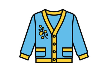 Naklejka premium Blue Cardigan Sweater with Yellow Trim and Flower Icon Vector