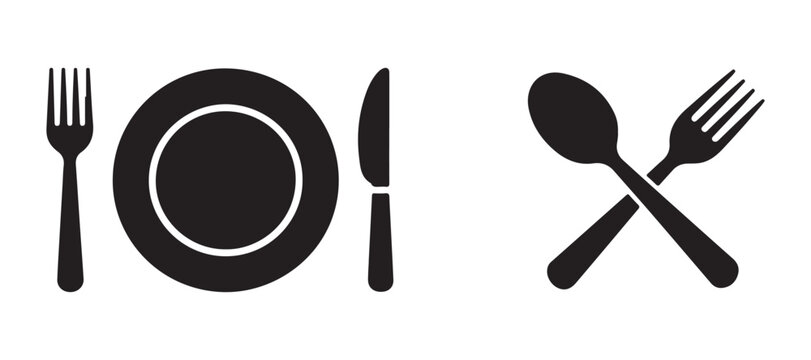 Dining set with fork plate knife and crossed spoon with fork simple black vector silhouettes.