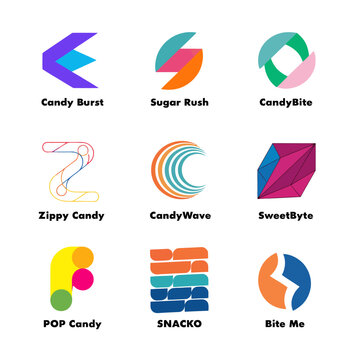 Collection of colorful modern abstract candy and snack brand logo designs on white background.