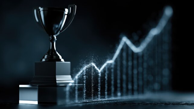 A silver trophy stands on a reflective surface with a rising digital graph in the background, symbolizing success and growth.