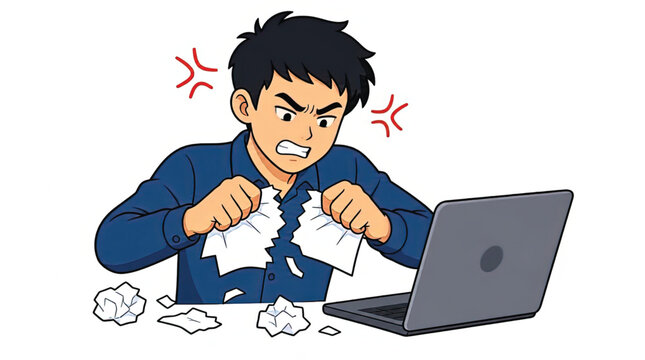 Frustrated man with laptop and paper.