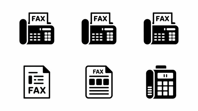 Six Black And White Fax Machine Icons With Document Symbols On White Backgrounds facsimile paper office communication technology transmission