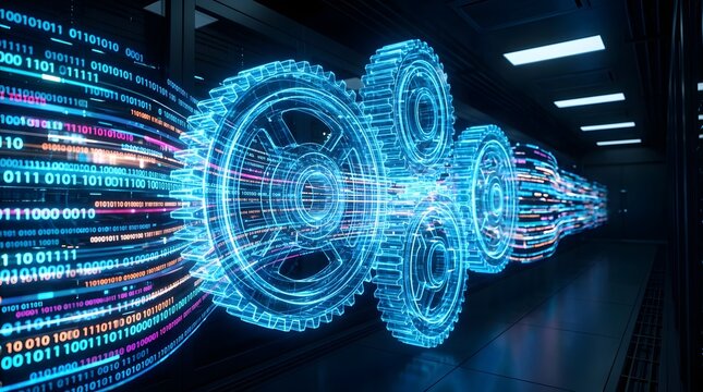 Glowing holographic gears and binary data stream in a modern server room, illustrating data processing, digital automation, and network infrastructure