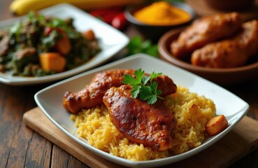 Fototapeta premium Savory chicken wings and plantain served with jollof rice in a cozy home setting. Delicious African meal prepared with spices and fresh ingredients, perfect for a family dinner.