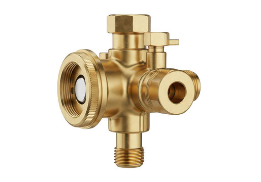 Brass t-shaped plumbing valve isolated on white background