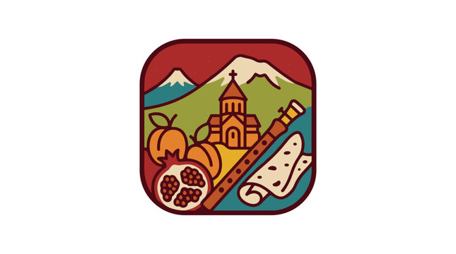Armenian Cultural Symbols and Landscape Illustration.