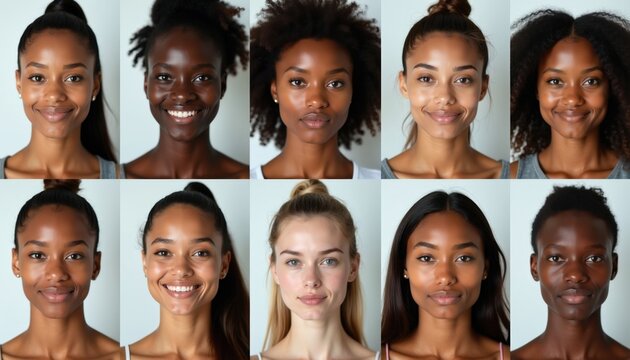 Collection of diverse young adult portraits featuring men, women of various ethnicities, skin tones. Natural expressions show individuality, beauty. Studio shots display human diversity, inclusion.