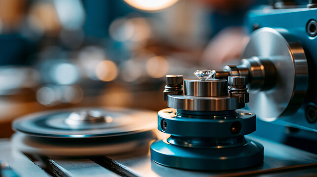 Close-up of a diamond clamped securely on both sides while a polishing disk spins nearby, precise jewelry industry equipment, defocused workshop in background, diamond polishing