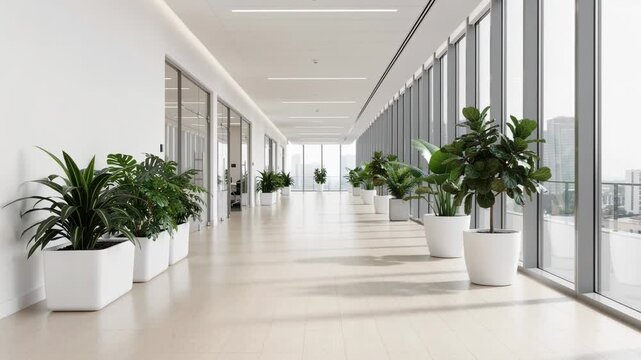 Bright modern office hallway with large windows and indoor green plants in white pots