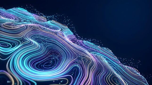 Futuristic neon topological map with glowing contour lines and network particles symbolizing big data analysis and digital terrain