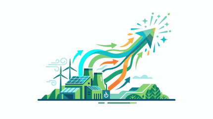 Obraz premium Colorful illustration of a sustainable factory with solar panels and wind turbines
