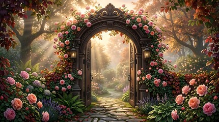 Fototapeta premium Enchanted Garden Stone Pathway Through Ornate Rose-Covered Archway in Autumn