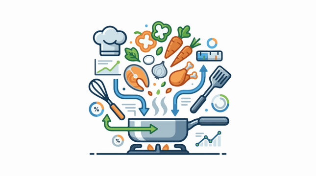 Colorful graphic depicting a pan surrounded by fresh vegetable various kitchen utensils and charts on a white backgroun