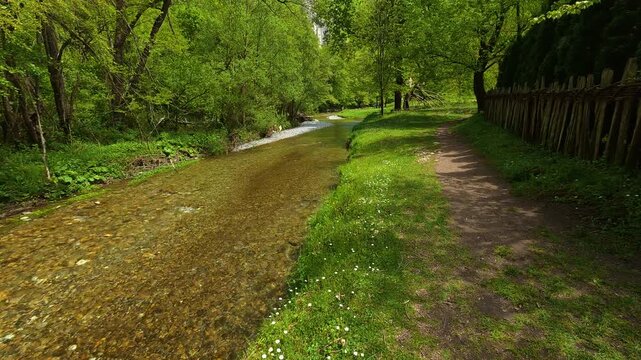 Clear stream flows beside a quiet, grassy path. Gradac River, Serbia