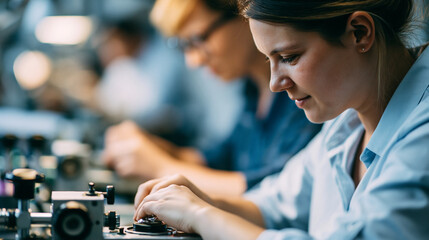 Naklejka premium Two faceless women working together at a diamond polishing machine, collaborative precision craftsmanship, defocused workshop in background, diamond polishing teamwork concept