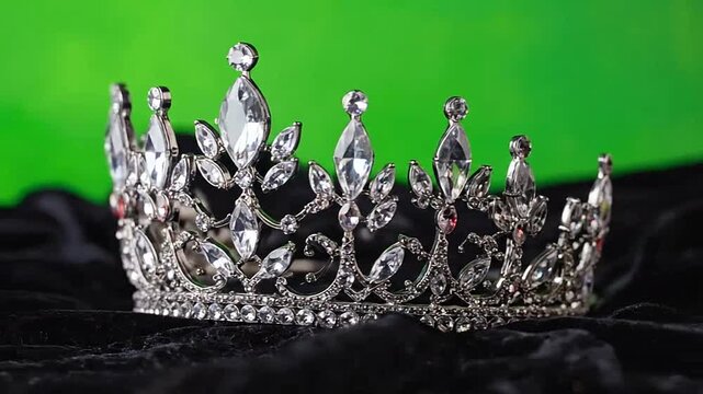 Elegant silver tiara with sparkling crystals on black velvet background